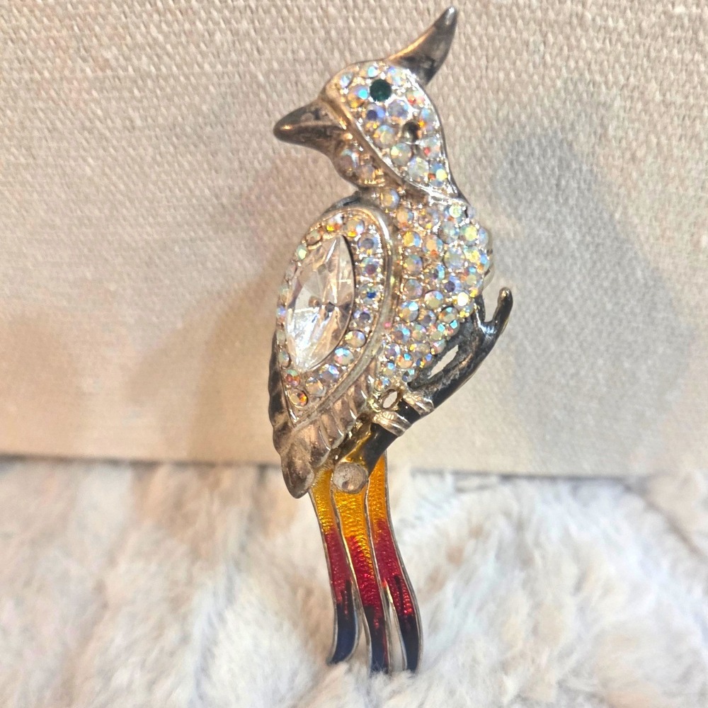 Vintage Bird Cocktail Ring AB Rhinestone Enamel Parrot Adjustable Silver Tone